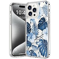 bicol Compatible with iPhone 15 Pro Max Case,Crystal Clear Cover with Fashionable Designs for Girls Women,Slim Fit Shockproof Protective Acrylic Phone Case 6.7 inch,Blue Leaves