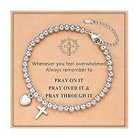 Silver Heart Cross Charm Bracelet for Women Girls, Birthday Christmas Baptism Communion Gifts for Granddaughter/Daughter/Niece