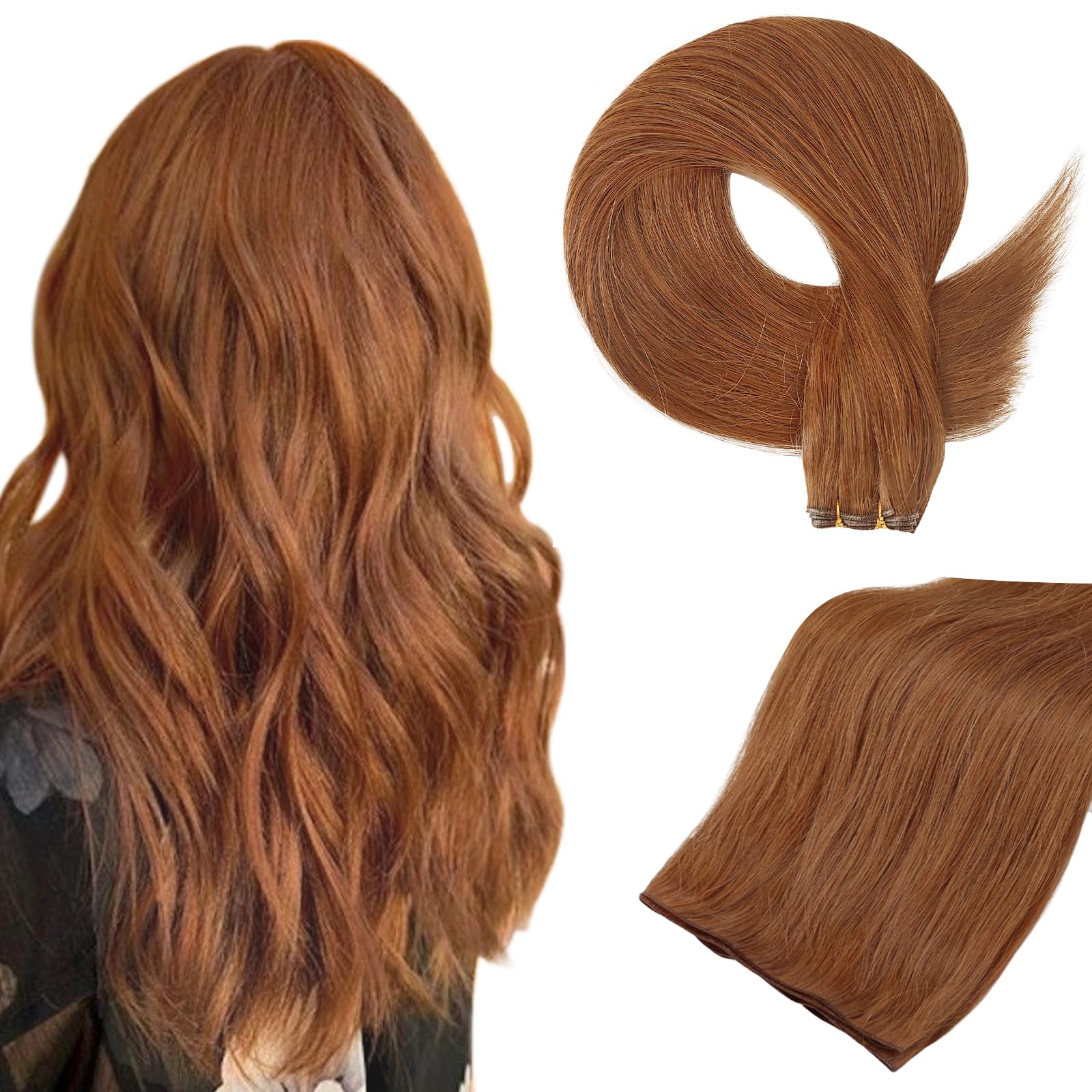 Full Shine Genius Weft Hair Extensions Hand Tied Hair Extensions Real Human Hair Copper Sew In Weft Hair Extensions For Women Invisible Weft Extensions Remy Hair 20 Inch 60G