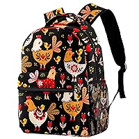 Colorful Rooster Chicken Floral Pattern Lightweight School Classic Backpack Travel Rucksack for Girl Women Kids Teens