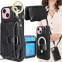 Lacass Compatible with MagSafe Case Wallet for iPhone 15 / iPhone 14 / iPhone 13, Crossbody Leather Wallet Case with Card Holder Wrist Strap and Loop,Support Wireless Charging (Black)
