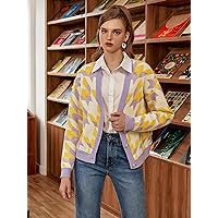 Women's Cardigans Houndstooth Pattern Contrast Trim Drop Shoulder Cardigan (Color : Yellow, Size : Large)