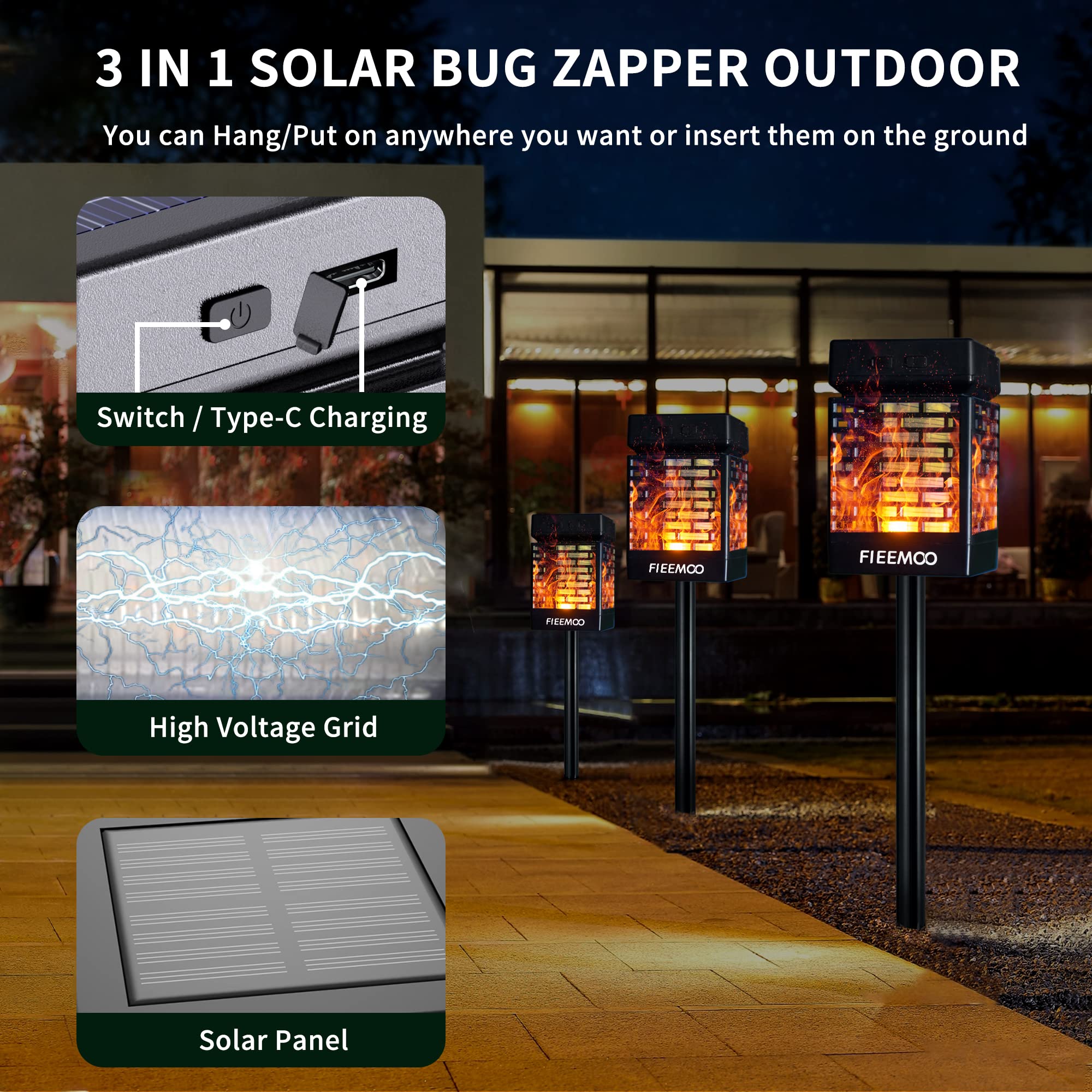 Mosquito Zapper Outdoor Solar Bug Zapper Outdoor Garden Flame Mosquito Zapper 3 in 1 Waterproof Flying Insect Killer lamp Hang or Stake in The Ground & Auto On/Off Pathway Decoration Lights