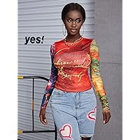 Women's Tops Women's Shirts Sexy Tops for Women Letter Graphic Top-Stitching Detail Top (Color : Multicolor, Size : Medium)