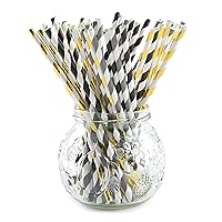 Norpro Paper Drinking Straws (100 Pack), 100% Biodegradable-Black, Gold and Grey, Stripes