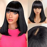 Bob Wig with Bangs Human Hair 4x2 Lace Bob Wig Human Hair with Bangs 180% Density Middle Part Wear and Go Glueless Human Hair Wigs For Women Natural Black(14 Inch,Bob With Bangs)