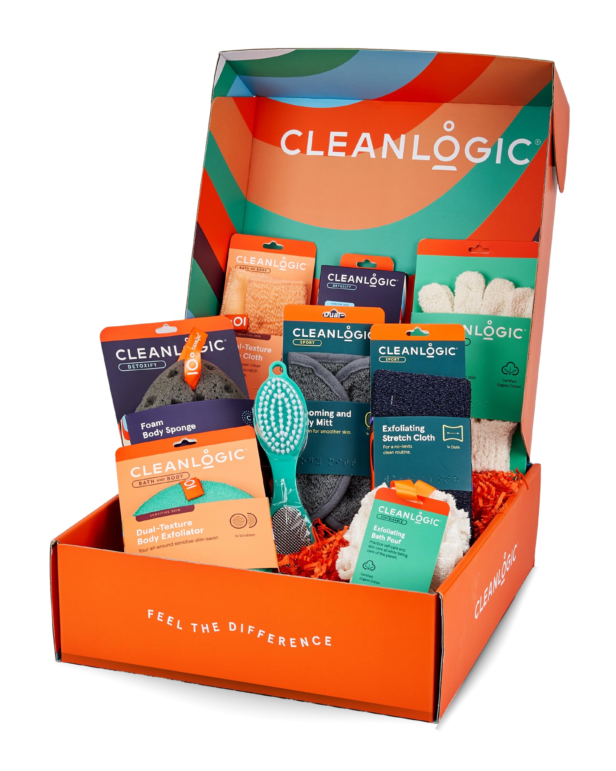 Cleanlogic Complete Home Spa Kit, Skin Care Gift for Women & Men, Exfoliating Body Scrubber, Face Exfoliator Pads, Shower Pouf & More, 9 Count