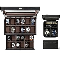 TAWBURY GIFT SET | Bayswater 24 Slot Watch Box with Drawer (Black) and Fraser 2 Watch Travel Case with Storage (Black)