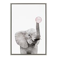 Sylvie Bubble Gum Elephant Framed Canvas Wall Art by Amy Peterson Art Studio, 23x33 Gray, Decorative Zoo Animal Art for Wall