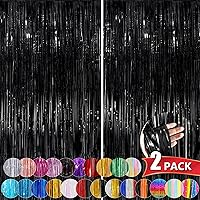 Black Metallic Tinsel Foil Fringe Curtains, 2 Pack 3.3x8.3 Feet Streamer Backdrop Curtains for Birthday Party Decorations, Halloween Decor, Foil Curtain Backdrop for Bachelorette Party