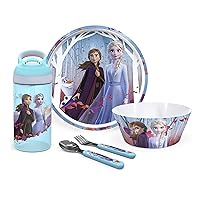zak! Disney Frozen 2 - 5-Piece Dinnerware Set - Durable Plastic & Stainless Steel - Includes Water Bottle, 8-Inch Plate, 6-Inch Bowl, Fork & Spoon - Suitable for Kids Ages 3+