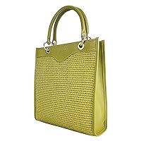 Made in Italy Vertical Women's handbag in Genuine Leather and straw with double handle. Detachable and adjustable shoulder strap. Pistachio colour - Dimensions: 24 x 29 x 9 cm