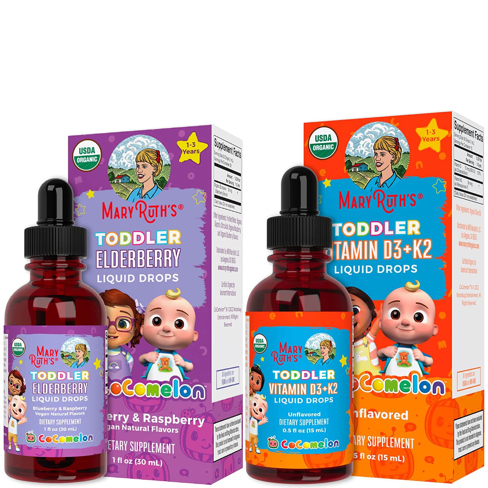 USDA Organic Cocomelon Elderberry Syrup for Toddlers & Cocomelon Vitamin D3 K2 Liquid Drops for Toddler Bundle by MaryRuth's | Immune Support | Calcium Absorption | Strong Bones | Vegan | Gluten Free