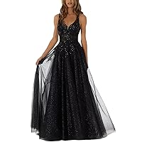 Lace Appliques Prom Dresses Long A-Line V Neck Glitter Tulle Formal Dress for Women