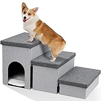 Heeyoo Dog Stairs for Small Dogs, Foldable Dog Steps for Couch and High Bed, 3-Step Pet Stairs with Storage and Pet House, Non-Slip Dog Ramp for Small Dogs and Cats or Pets Joints