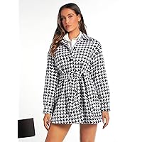 Women's Casual Jacket Fashion Beauty Gingham Drop Shoulder Belted Coat Unique Comfortable Charming Lovely (Color : Black and White, Size : Large)