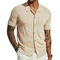 PJ PAUL JONES Mens Knit Shirt Short Sleeve Summer Hollow Out Shirt Beach Button Down Shirt