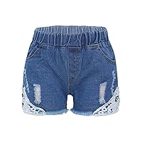 FEESHOW Kids Girls Ripped Denim Lace Hem Loose Fit Shorts Elastic Waistband Hot Pants Daily Wear
