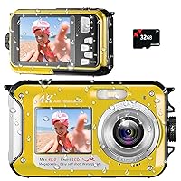 4K Waterproof Camera 11FT Underwater Camera with 32GB Card 48MP Autofocus Selfie Dual-Screen Underwater Cameras for Snorkeling, Waterproof Compact Digital Camera 1250mAh Battery（Yellow）