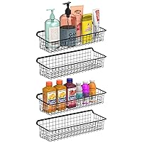 F-color Wall Mounted Wire Baskets, Multifunctional Wire Storage Baskets for Home Office Kitchen Bathroom Laundry Living Room, Large Metal Storage Basket with Wall Mount Hooks, 4 Pack, Black