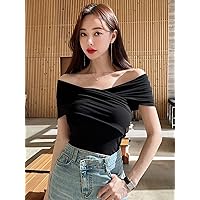 Women's Tops Sexy Tops for Women Women's Shirts Off Shoulder Ruched Tee (Color : Black, Size : Large)