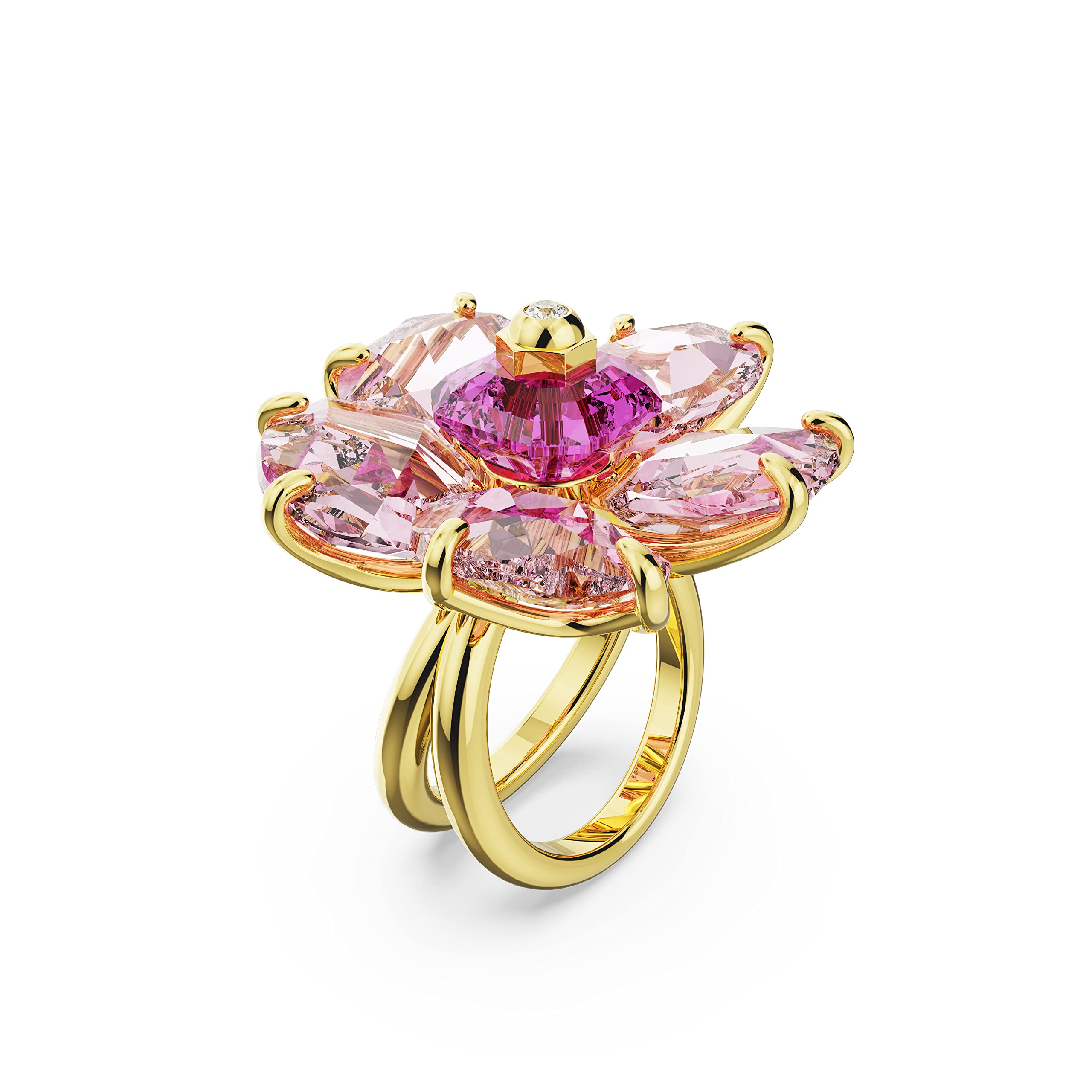 SWAROVSKI Florere Cocktail Ring, Flower Motif with Pink Crystals on a Gold-Tone Finished Double Band, Size 5, Part of the Florere Collection