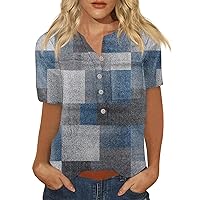 Womens Short Sleeve Tops Plus Size Henley Neck Buttons Sexy Shirts Dressy Blouses 2024 Geometric Tunic Sweatshirt