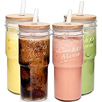 ANOTION Glass Cups with Lids and Straws 4 Packs, 24oz Travel Coffee Mug Wide Mouth Mason Jar Iced Coffee Cup Smoothie Cup Glass Tumbler Tea Cup Clear Cute Water Cups Drinking Jars Glasses