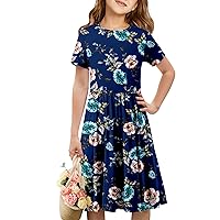 storeofbaby Girls Short Sleeve Dress Casual A Line Twirly Skater Dresses 4-13 Years