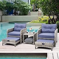 Pamapic 5 Pieces Wicker Patio Furniture Set Outdoor Patio Chairs with Ottomans Conversation Furniture with coffetable for Poorside Garden Balcony(Purple Cushion + Grey Ratten)…