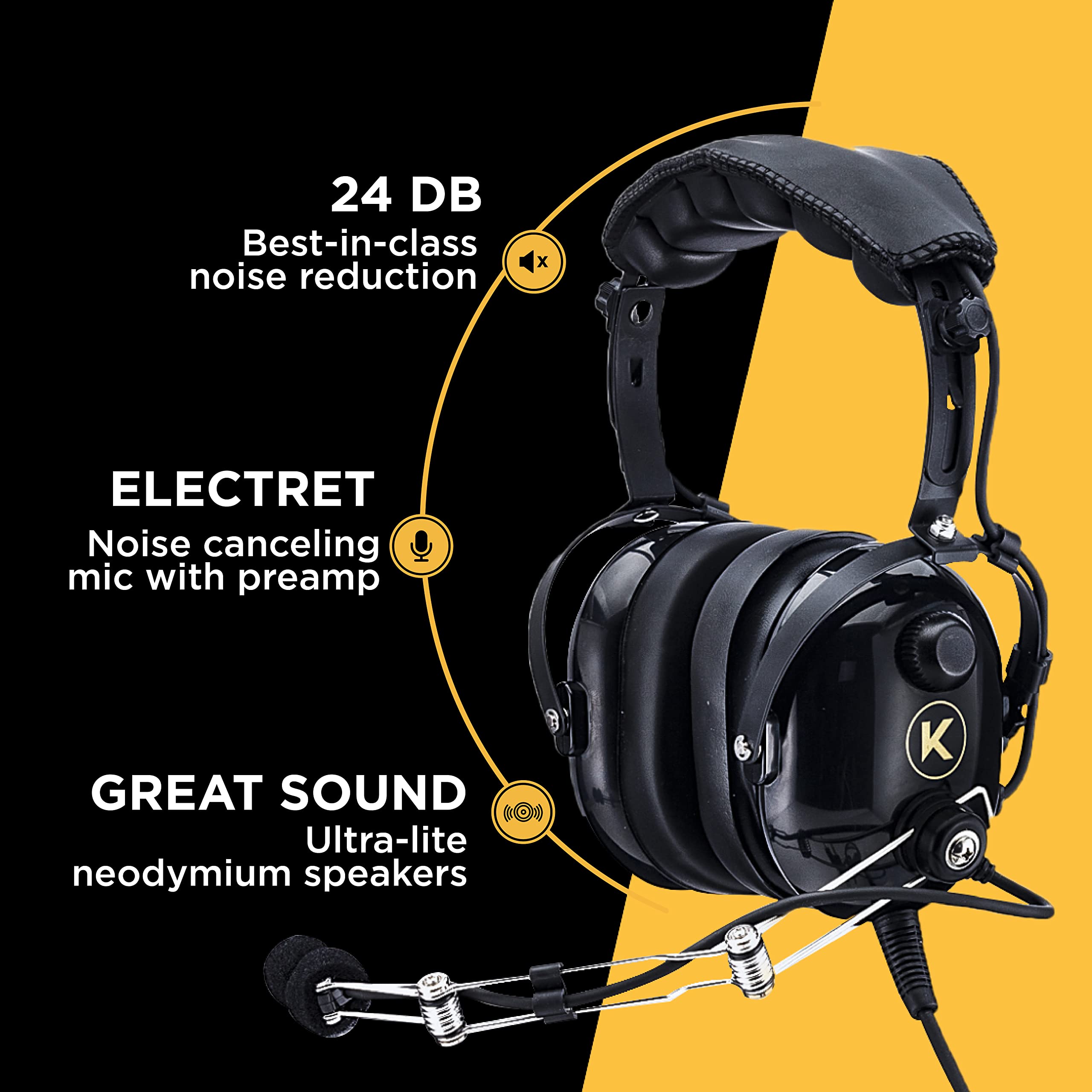 KORE Aviation P1 General Aviation Headset for Pilots | Mono, 24 db Passive Noise Reduction Rating, Noise Canceling Microphone, Acoustic Foam Ear Cups, AUX Port for MP3 Music Input with GA Dual Plugs