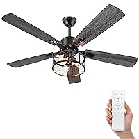Ohniyou 52 Inch Farmhouse Ceiling Fan with Lights and Remote,3-Lights Ceiling Fan with Caged Light Fixture,Rustic Ceiling Fan for Patio, Livingroom, Bedroom, Dining Room