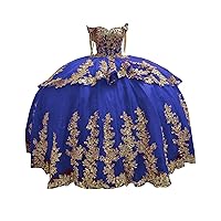 Queen Sequin Sleeve Off Shoulder Ball Gown Prom Party Dress Gold Lace Embellishment V Neck Quinceanera