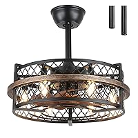 JUTIFAN Farmhouse Ceiling Fans with Lights and Remote, Reversible Outdoor Ceiling Fan Low Profile with 3 Wind Speed,1/2/4H Timing Industrial Cage bladeless Ceiling Fan with Light for Bedroom