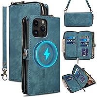 Rssviss Wallet Case for iPhone 15 Pro Max Crossbody with Card Holder Wrist Strap, Flip Zipper Case Compatible with Magsafe, RFID Blocking Purse Cover for iPhone 15 Pro Max Women Men 6.7 inch Lightblue