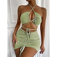 2023 Summer Women's Dress Lace Up Front Drawstring Ruched Front Halter Dress (Color : Lime Green, Size : Medium)