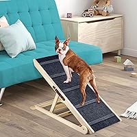 Suteck Wooden Adjustable Dog Ramp, 200Lbs Load Folding Pet Ramp with Portable Handle for All Small Large Animals 6 Height from 13.8” to 25.6” for Bed Couch Car -Durable Frame, High Traction