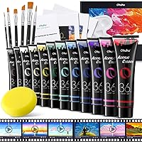 Ohuhu Acrylic Paint Kits with Tutorial for Beginners- 36ml 12 Vibrant Colors with 6 Brushes 3 Paint Canvases Sponge for Kids Painting, Art Supplies for Ceramic, Wood, Fabric, Model, Rock, Metal
