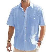 J.VER Men's Linen Cotton Shirt Casual Button Up Short Sleeve Embroidery Shirt with Pocket