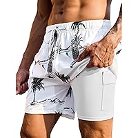 Mens Swim Trunks with Compression Liner 7 inch Inseam 2 Pack Quick Dry Stretch Beach Shorts Bathing Suits Swimwear