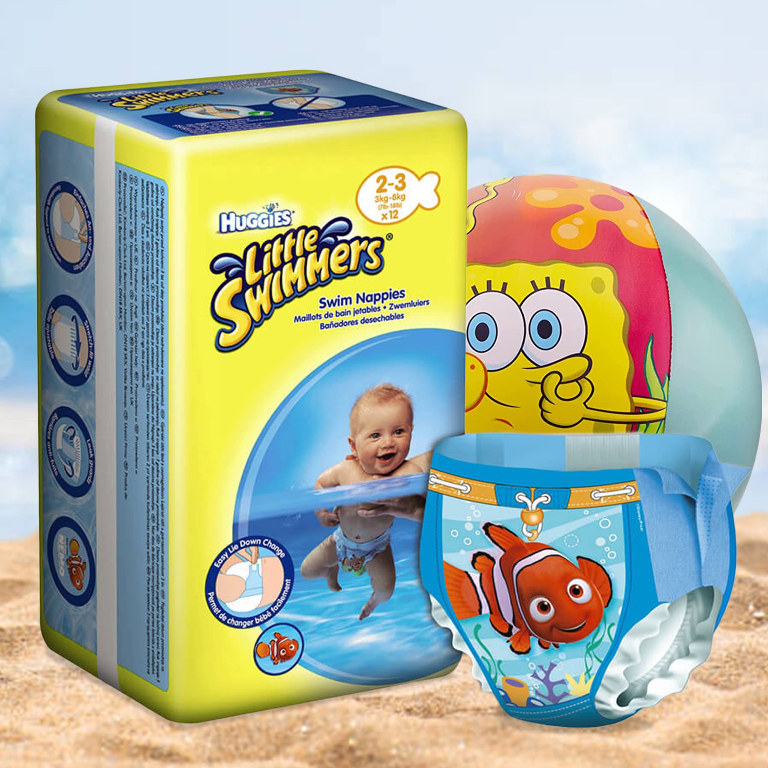 Little Swimmers Disposable Swim Diapers, Size X-Small 2-3 (7lb-18lb.) Absorbent and Adjustable Swim Nappies for Baby, Toddler, Girls, Boys, 12 Swimming Pants Plus Bonus Spongebob Beach Ball