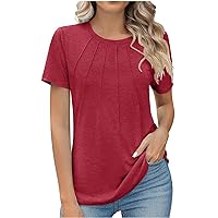 Short Sleeve Crewneck T-Shirts for Women Pleated Front Dressy Blouse Summer Casual T Shirts Fashion Solid Tunic Top