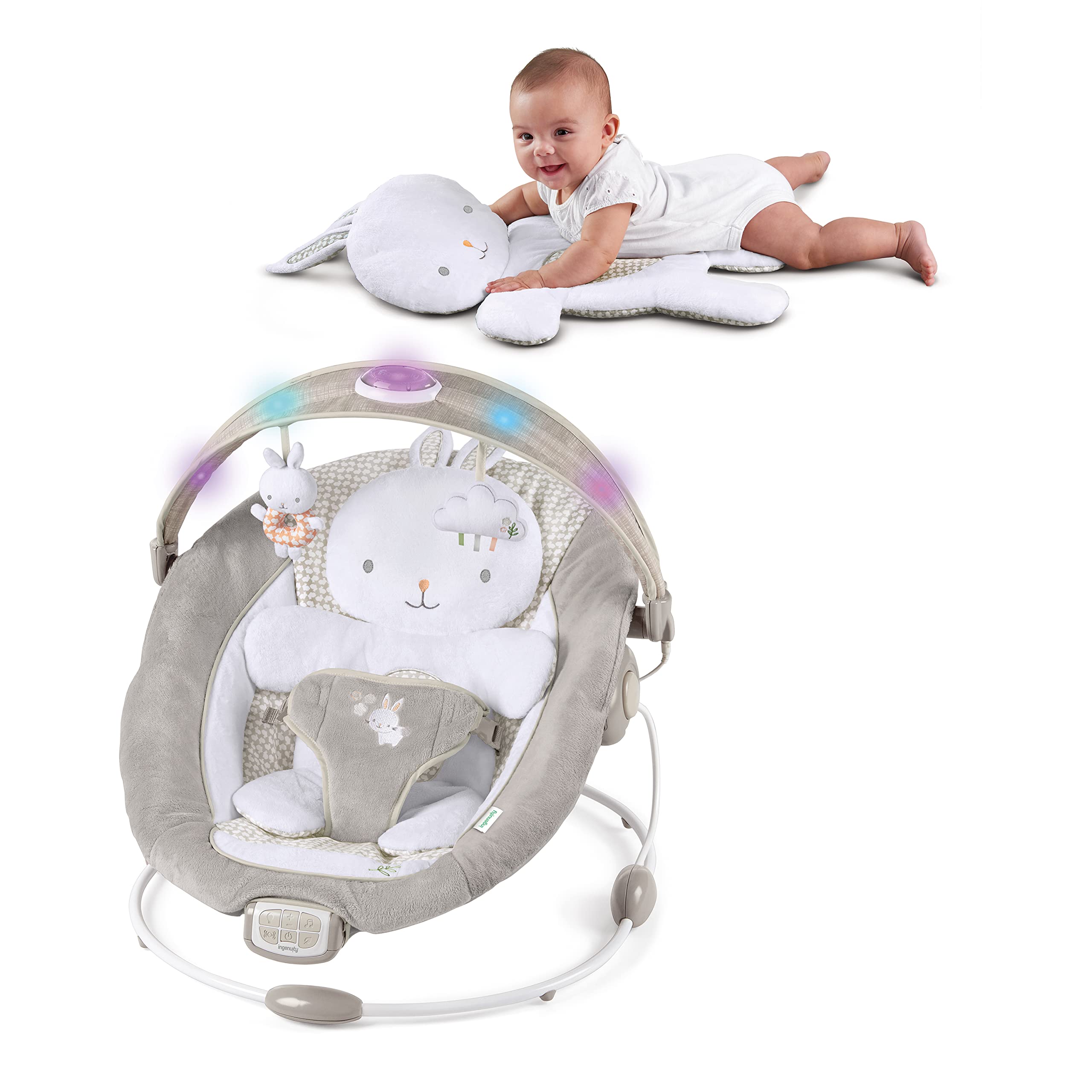 Ingenuity InLighten Baby Bouncer Infant Seat with Light Up -Toy Bar, Vibrations, Tummy Time Pillow & Sounds, 0-6 Months Up to 20 lbs (Twinkle Tails Bunny)