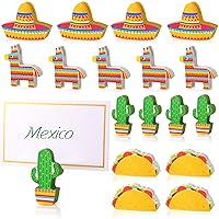 18 Pcs Mexican Cinco De Mayo Wooden Place Card Holder and 25 Pcs Gold Foil White Card Mexican Wooden Table Sign Picture Number Sign Stands Holder for Mexica Fiesta Party Events