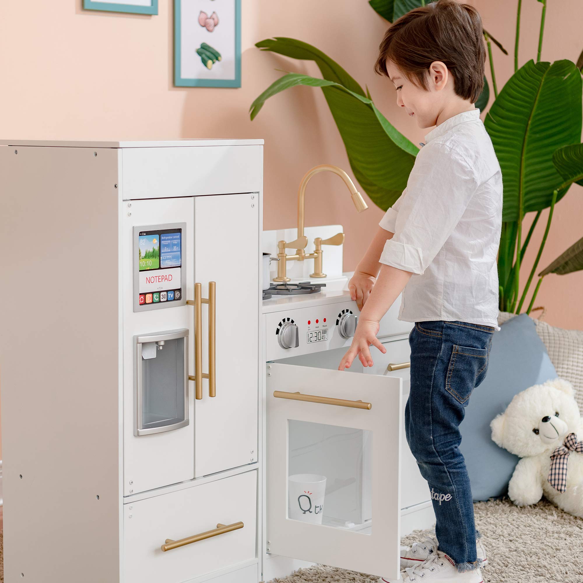 Teamson Kids Little Chef Charlotte Kids Play Kitchen, Wooden Kitchen Playset for Toddlers with Accessories, Pretend Ice Maker, Modular Design, & Storage Space, White/Gold, Gift for Ages 3+