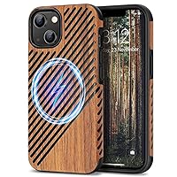 TENDLIN Magnetic Case Compatible with iPhone 14 Case Wood Grain with Leather Outside Design TPU Hybrid Case (Compatible with MagSafe) Wood & Leather