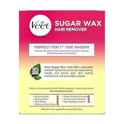 VEET Sugar Wax Hair Remover - Perfect for First Time Waxers - Contains 12 Fabric Strips & 1 Spatula with a Temperature Indicator 8.45 Ounce (Pack of 1)