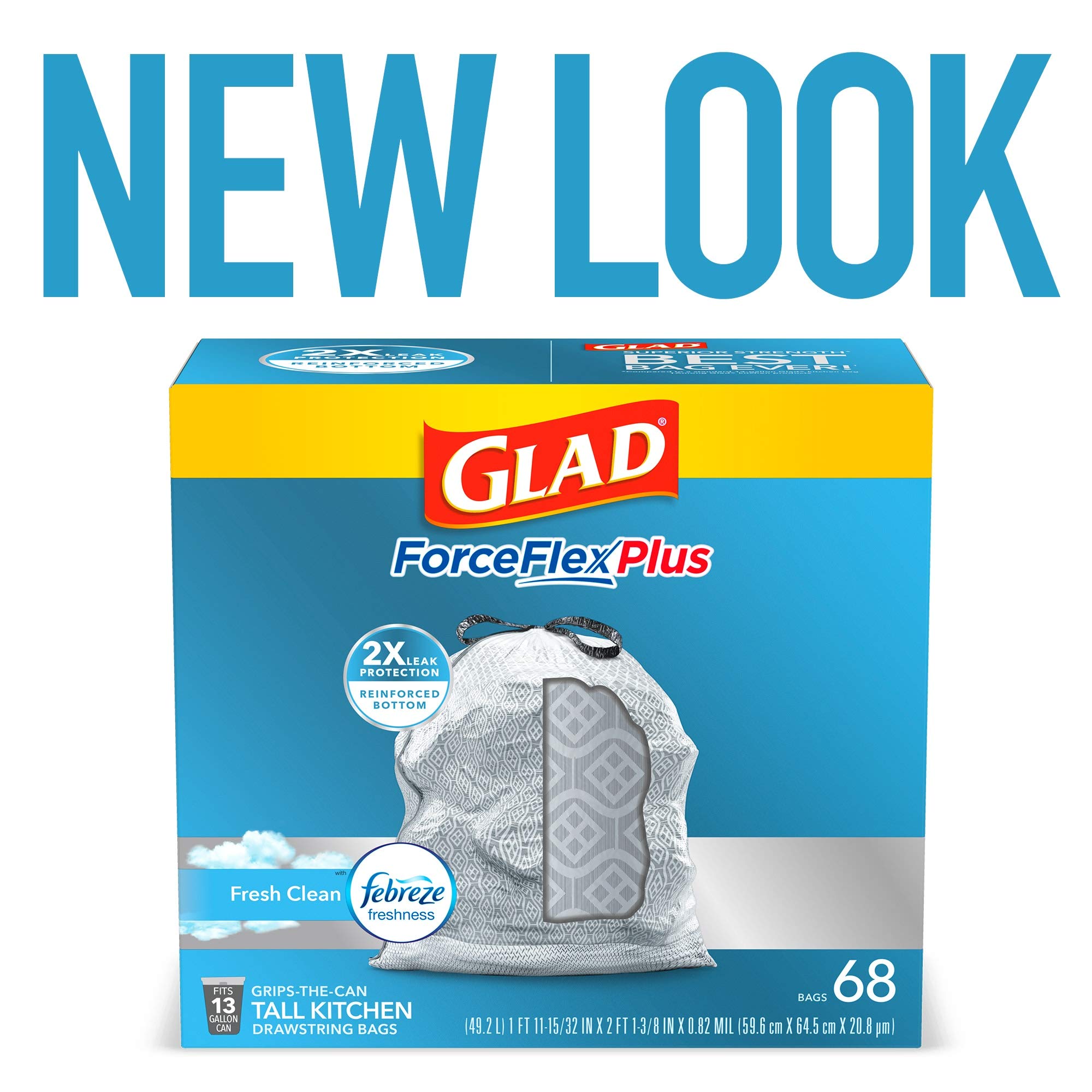 GLAD ForceFlexPlus with Febreze Tall Kitchen Drawstring Trash Bags, 13 Gallon White Trash Bag for Kitchen Trash Can, Fresh Clean Scent with Leak Protection, 68 Count (Package May Vary)