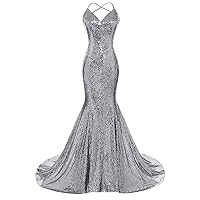 DYS Women's Sequins Mermaid Prom Dress Spaghetti Straps V Neck Backless Gowns Gray US 8