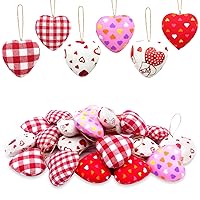 30 Pieces Valentines Day Heart Shaped Hanging Ornaments, Fabric Heart Shape Hanging Baubles,Red Pink Buffalo Plaid Check Hanging Heart Ornaments for Valentines Day Wedding Party DIY Crafts
